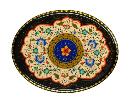 A closeup of a round casket with an artistic painting on a white background. Central Asia, Uzbekistan