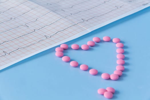 A large handful of pink pills lie in the form of a heart on an electrocardiogram, on a blue background. The concept of a healthy lifestyle and timely medical examination