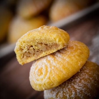 Traditional eid maamoul or mamoul cookies with dates, nuts, and jam, Arabic sweets for Aid al-Fitr and easter, High quality photo