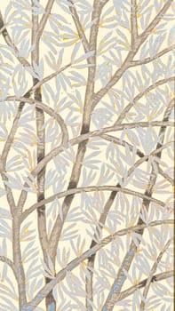 A vertical illustrated design of tree branches with leaves on a beige background