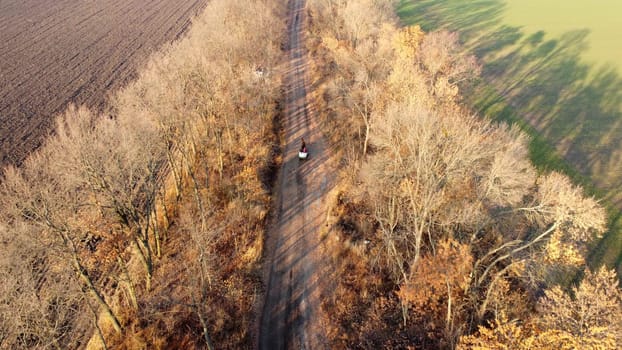 People riding in cart carriage with sacks and horses driving along dirt country road between trees without leaves on autumn sunny day. Rural countryside landscape, country scenery. Aerial drone view