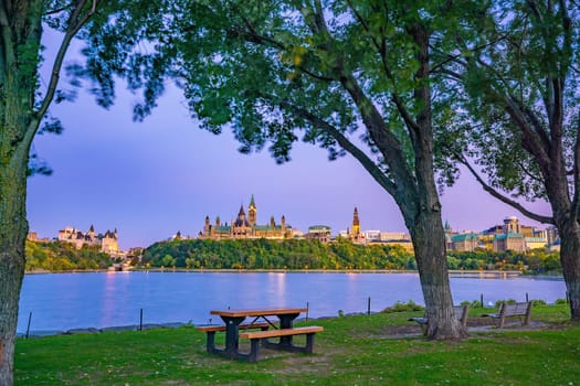 Ottawa city skyline and Parliament Hill in Ontario, Canada at twilight