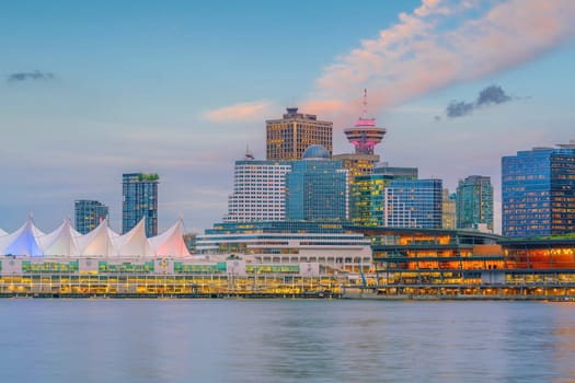 Downtown Vancouver skyline, cityscape of British Columbia in Canada at sunset