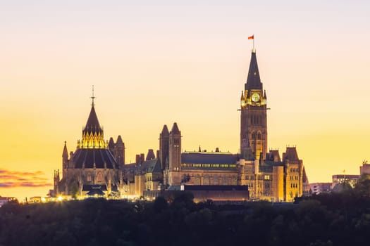 Parliament hill in downtown Ottawa. Cityscape skyline of canada at sunrise
