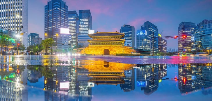 Downtown Seoul city skyline at Dongdaemun Gate, cityscape of South Korea at sunset