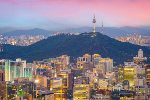 Downtown Seoul city skyline, cityscape of South Korea at sunset