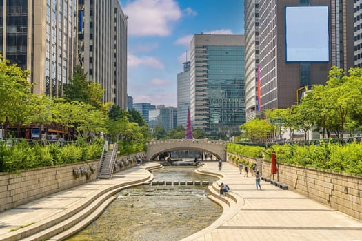 Cheonggyecheon, a modern public recreation space in downtown Seoul, South Korea
