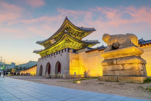 Gyeongbokgung Palace in downtown Seoul at sunset in South Korea