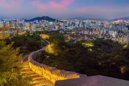 Downtown Seoul city skyline, cityscape of South Korea at sunset