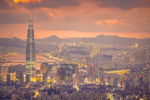 Downtown Seoul city skyline, cityscape of South Korea at sunset