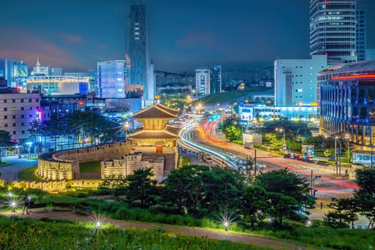 Downtown Seoul city skyline at Dongdaemun Gate, cityscape of South Korea at sunset