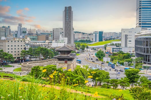 Downtown Seoul city skyline at Dongdaemun Gate, cityscape of South Korea at sunset