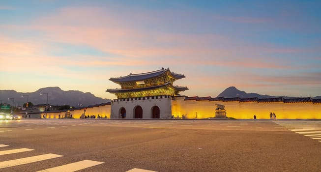 Gyeongbokgung Palace in downtown Seoul at sunset in South Korea