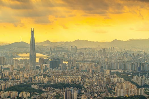 Downtown Seoul city skyline, cityscape of South Korea at sunset