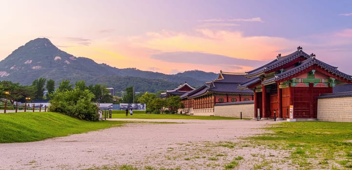 Gyeongbokgung Palace in downtown Seoul at sunset in South Korea