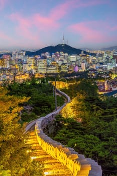 Downtown Seoul city skyline, cityscape of South Korea at sunset