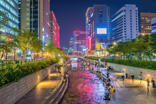 Cheonggyecheon, a modern public recreation space in downtown Seoul, South Korea at night