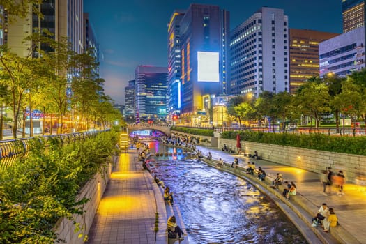 Cheonggyecheon, a modern public recreation space in downtown Seoul, South Korea at night