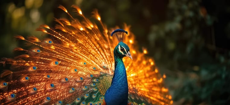 Flaming peacock showcasing its feathers during golden hour at sunset. AI generated