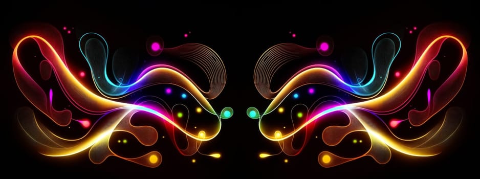 Abstract pattern drawn with coloured glowing lines on a black background. AI generated