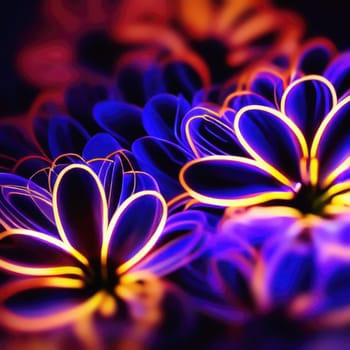 An abstract image of a fantastic flower drawn with coloured glowing lines on a black background. AI generated