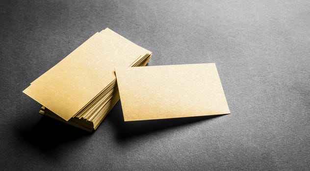 Stack of blank golden business card on grey background. Blank name card.