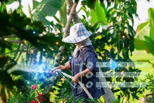 Smart farm digital icon and futuristic AI data infographic of Asian woman gardener watering the lawn plants and trees in agriculture garden for fresh and growth at outdoors countryside