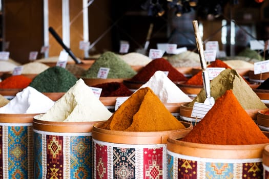 Spice market with assortment of aromatic condiments