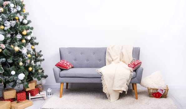 New year room interior with festive decorations and christmas tree