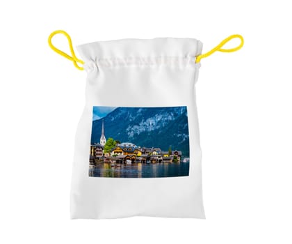 Small white bag with yellow strings isolated on white background