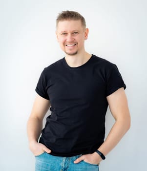 Happy man wearing black shirt with copy space