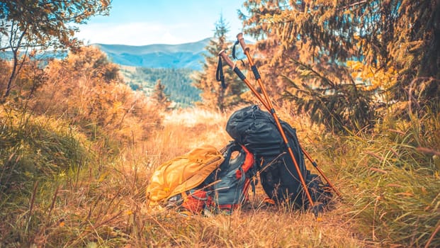 Trekking sticks and backpacks staying on valley in mountains