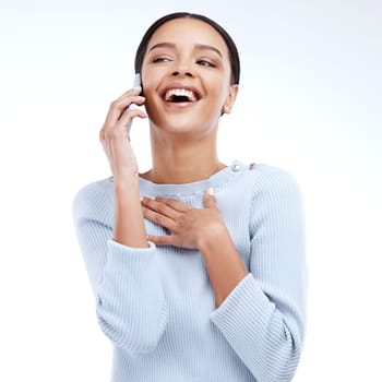Woman with phone call, laughing and happiness with communication isolated on white background. Technology, smartphone and female having funny conversation with laughter, fun and humor with contact.