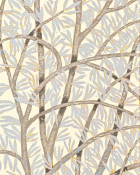 A vertical illustrated design of tree branches with leaves on a beige background