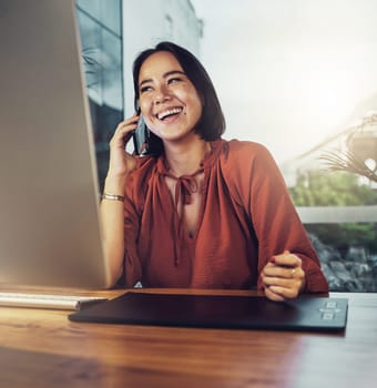 Phone call, business and funny with woman in office for networking, communication and negotiation. Contact, technology and connection with female laughing for feedback, information and conversation.