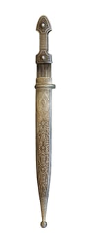 A vertical of an antique dagger with artistic chasing and engraving on a white background