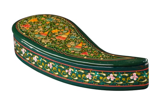 A closeup of a casket with an artistic painting on a white background. Central Asia, Uzbekistan