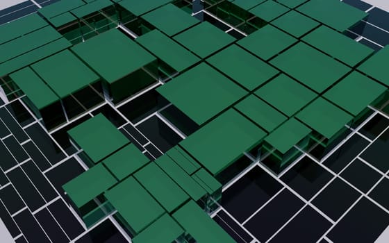 Abstract black and green glass blocks futuristic background, abstract cityscape, 3d rendering illustration