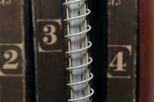 A spring-loaded notebook among old brown book volumes, close-up macro view