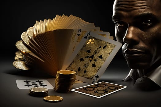Golden Poker. Texas club poker, online casinos, playing cards, nightlife. Vegas Gambling industry, Casino market, virtual poker, chips, tokens dices tournament luxury deluxe.