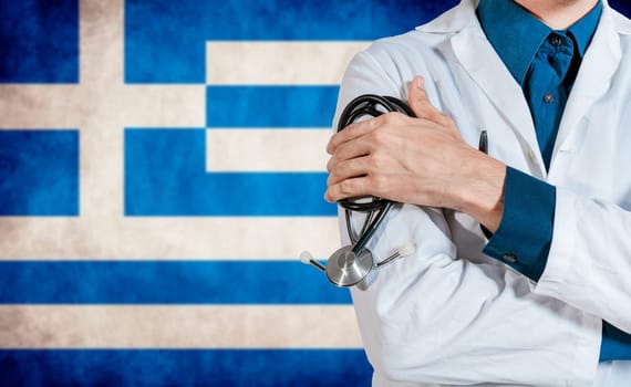 Doctor with stethoscope over greece flag. Health and care with flag of greece, Concept of national health of greece