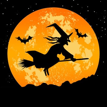A creepy witch flying on her broom with a orange full moon and flying bats in the background.