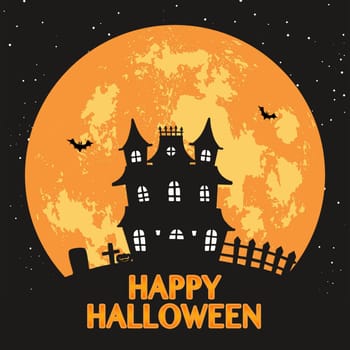 A creepy haunted house with a full moon and text "Happy Halloween".