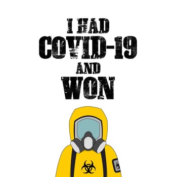 A poster with the hazard suit with tet above.