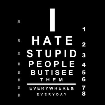 A typical opticians eye test chart with the funny text "I hate stupid people eye chart".