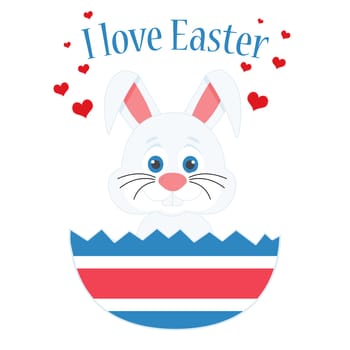 A cute easter bunny inside a egg with the text "I Love Easter" and floating love hearts.