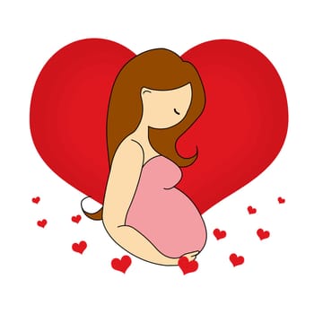A pregnant woman surrounded by love hearts.