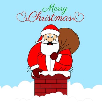 A fat santa stuck in a chimney holding his bag of presents with the text "Merry Christmas".