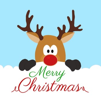 A red nose reindeer popping his head over with the message "Merry Christmas".