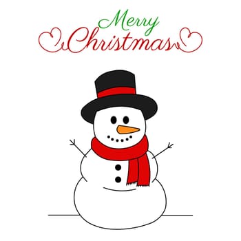 A snowman wearing a top hat and red scarf with the text above "Merry Christmas".